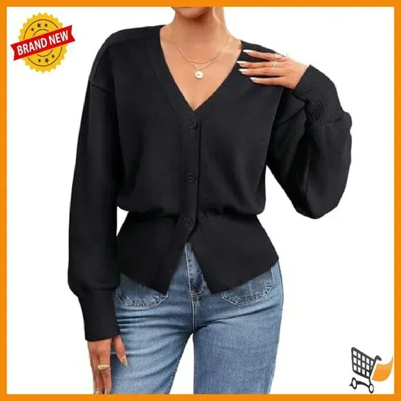 Long Sleeve V-Neck Peplum Cardigan Knitted Button Top Women's Sweater - Picture 5 of 8